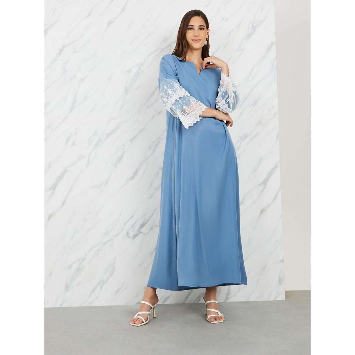 Styli Contrast Lace Layer Sleeves A-Line Maxi Dress with Side Slit-women-clothing-dresses-image-1