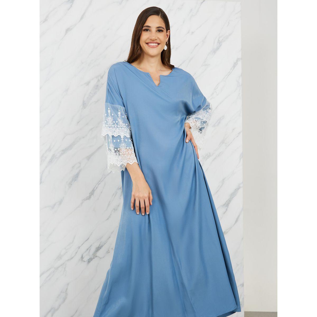Styli Contrast Lace Layer Sleeves A-Line Maxi Dress with Side Slit-women-clothing-dresses-image-2