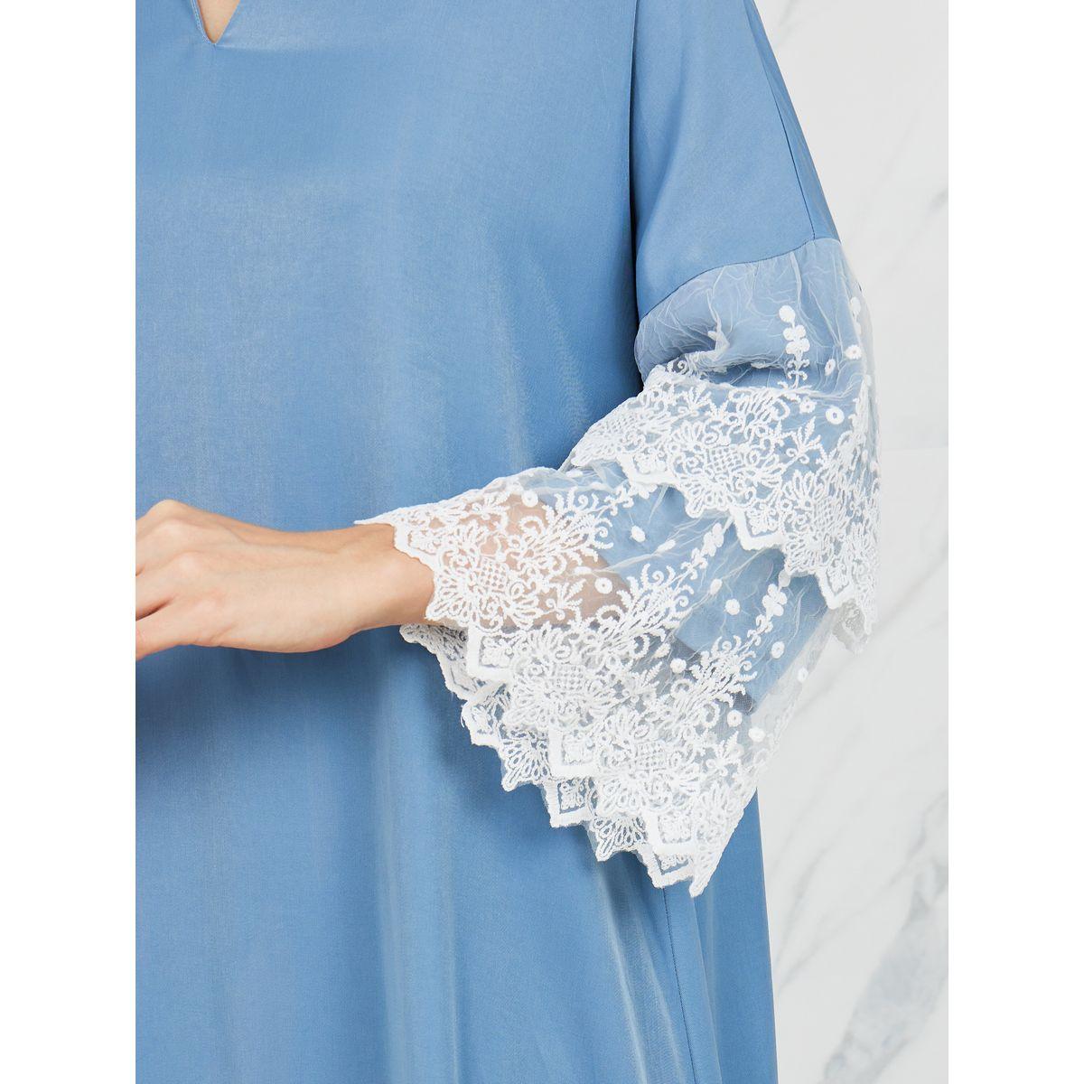 Styli Contrast Lace Layer Sleeves A-Line Maxi Dress with Side Slit-women-clothing-dresses-image-3