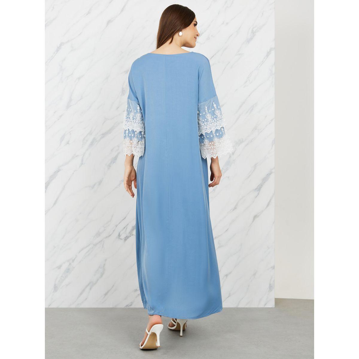 Styli Contrast Lace Layer Sleeves A-Line Maxi Dress with Side Slit-women-clothing-dresses-image-4
