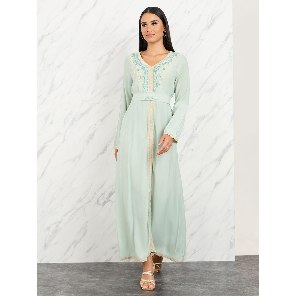 Styli Contrast Embroidered Belted A-Line Maxi Dress-women-clothing-dresses-image-1