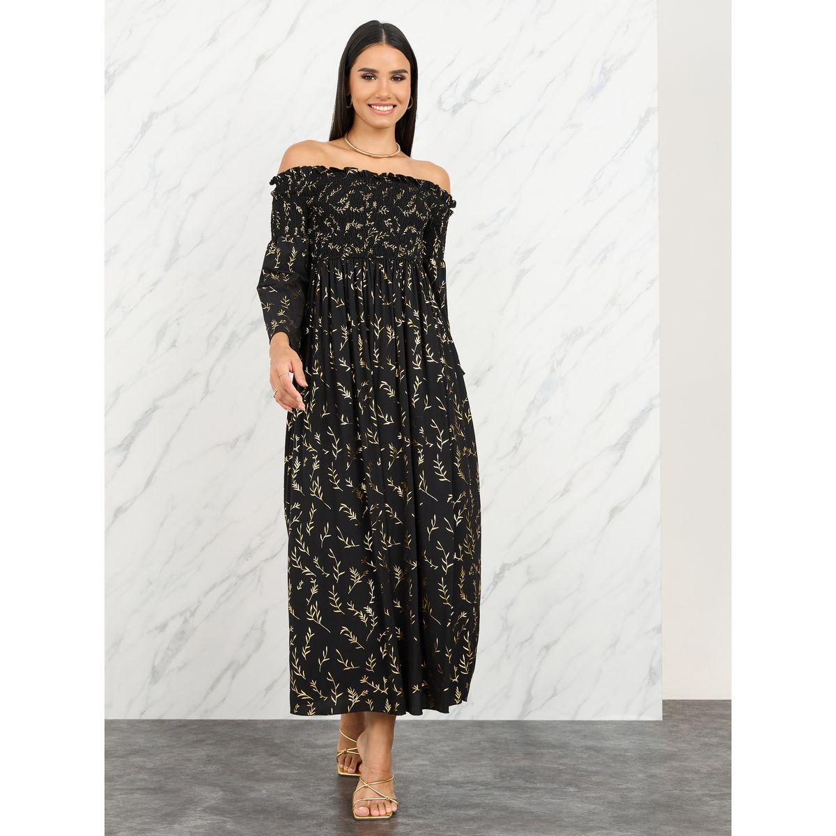 Styli Off Shoulder Smocked Detail Foil Print A-Line Midi Dress-women-clothing-dresses-image-1