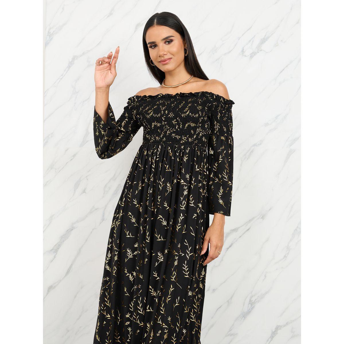Styli Off Shoulder Smocked Detail Foil Print A-Line Midi Dress-women-clothing-dresses-image-2