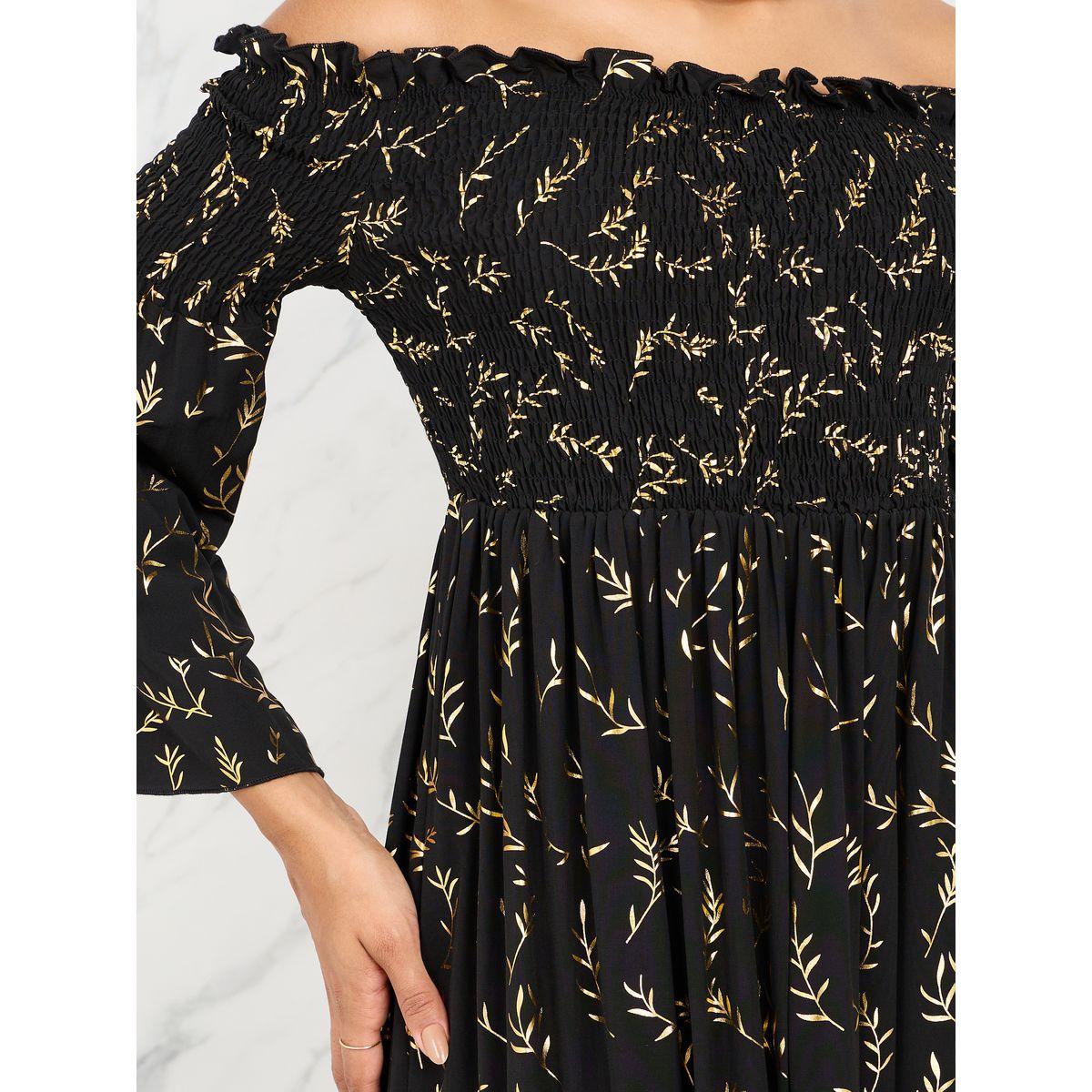Styli Off Shoulder Smocked Detail Foil Print A-Line Midi Dress-women-clothing-dresses-image-3