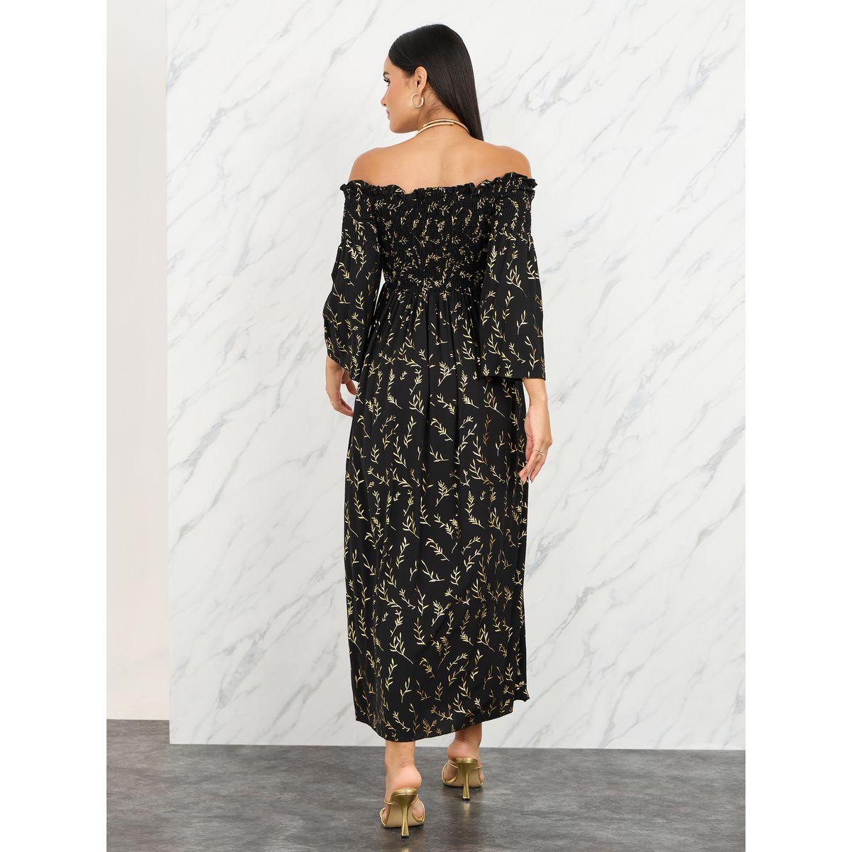 Styli Off Shoulder Smocked Detail Foil Print A-Line Midi Dress-women-clothing-dresses-image-4