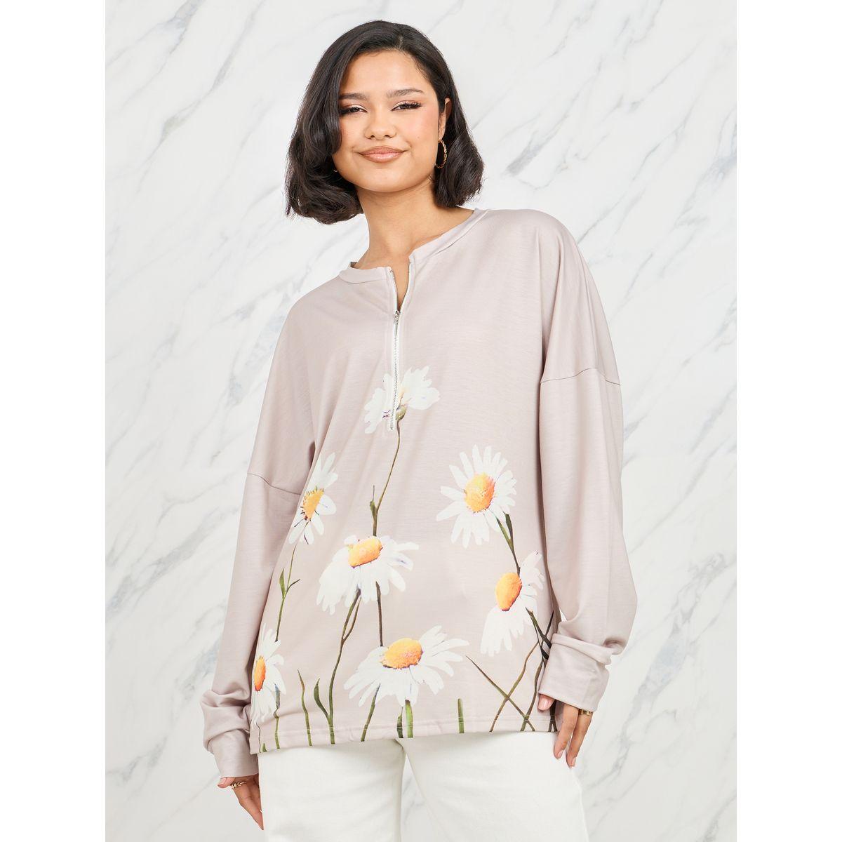 Styli Floral Print Zipper Up Detail Sweatshirt-women-clothing-hoodiesandsweatshirts-sweatshirts-image-1