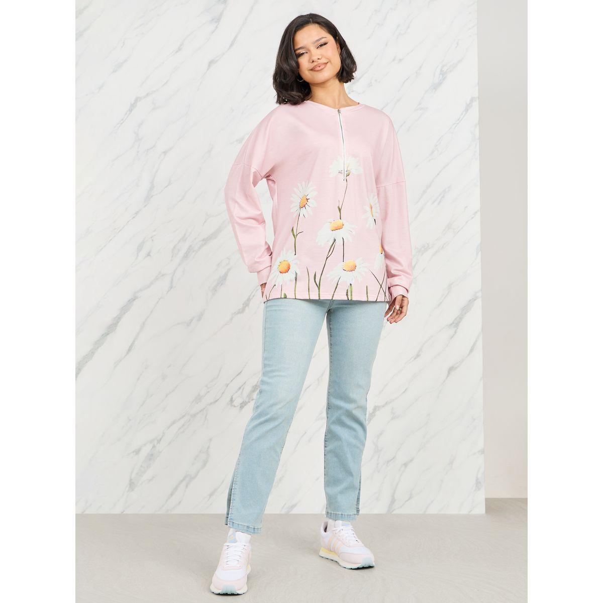 Styli Floral Print Drop Shoulder Zip Closure Sweatshirt-women-winterwear-hoodiesandsweatshirts-sweatshirts-image-2