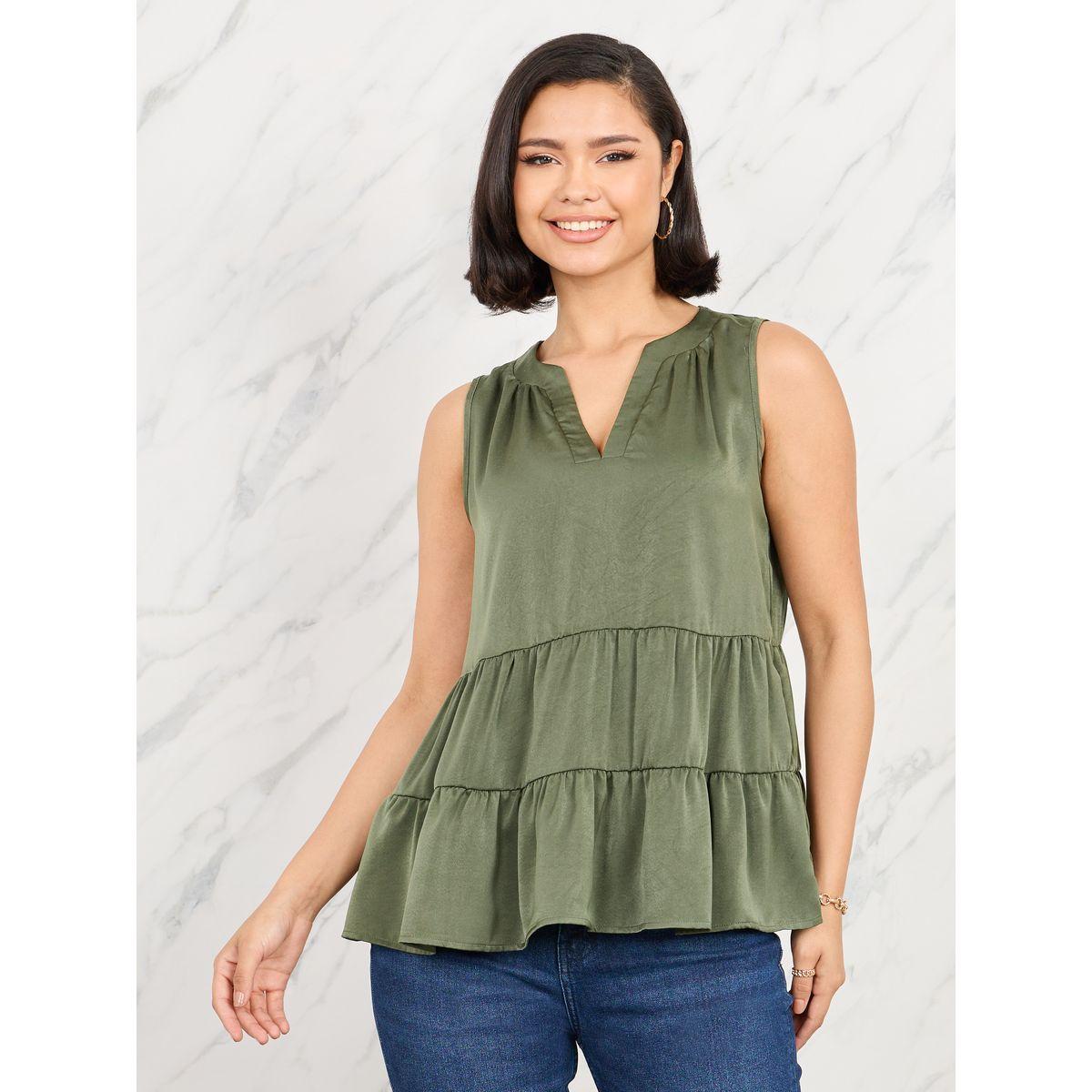 Styli Solid Notch Neck Ruffle Hem Top-women-clothing-shirtsandblouses-blouses-image-1