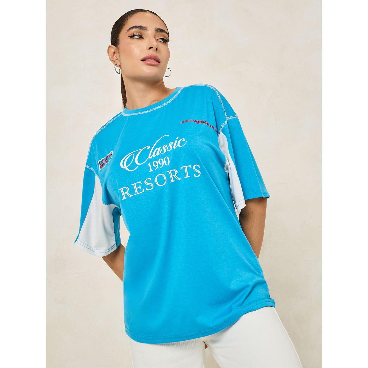 Styli Oversized Classic Resorts Slogan T-Shirt with Embroidery Detail-women-clothing-tshirts-image-1