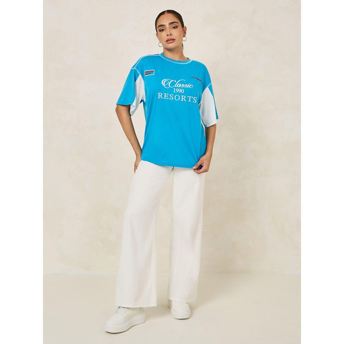 Styli Oversized Classic Resorts Slogan T-Shirt with Embroidery Detail-women-clothing-tshirts-image-2