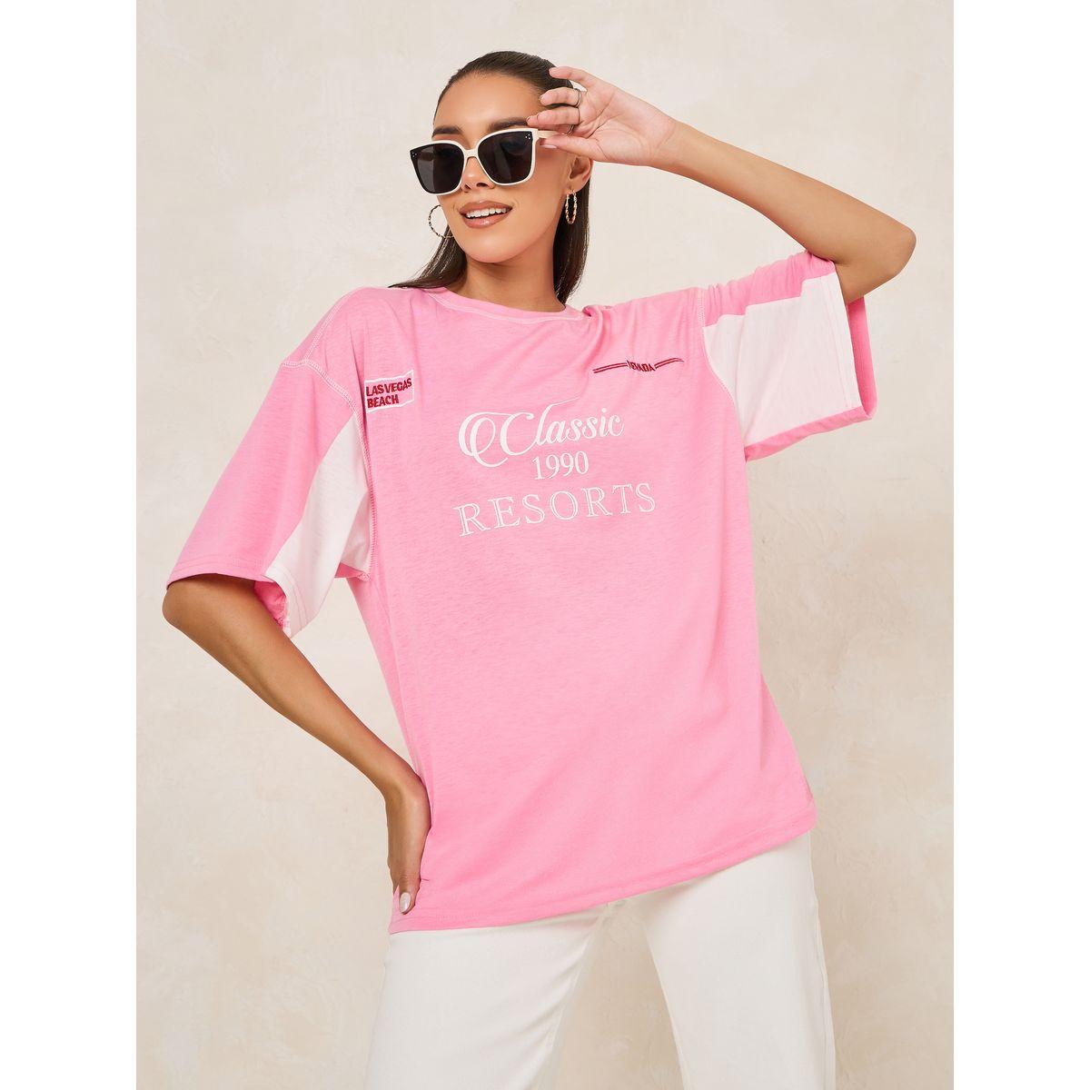 Styli Oversized Classic Resorts Slogan T-Shirt with Embroidery Detail-women-clothing-tshirts-image-1
