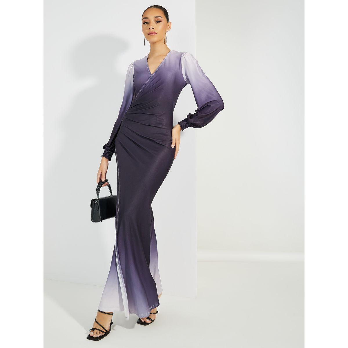 فستان بديكون طويل بنمط لف واكمام طويلة-women-clothing-dresses-image-1