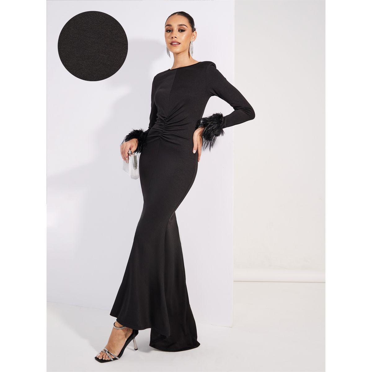 فستان ماكسي من ستيلي ليميتد المجمع من الأمام بتفصيل فرو صناعي-women-clothing-dresses-image-1