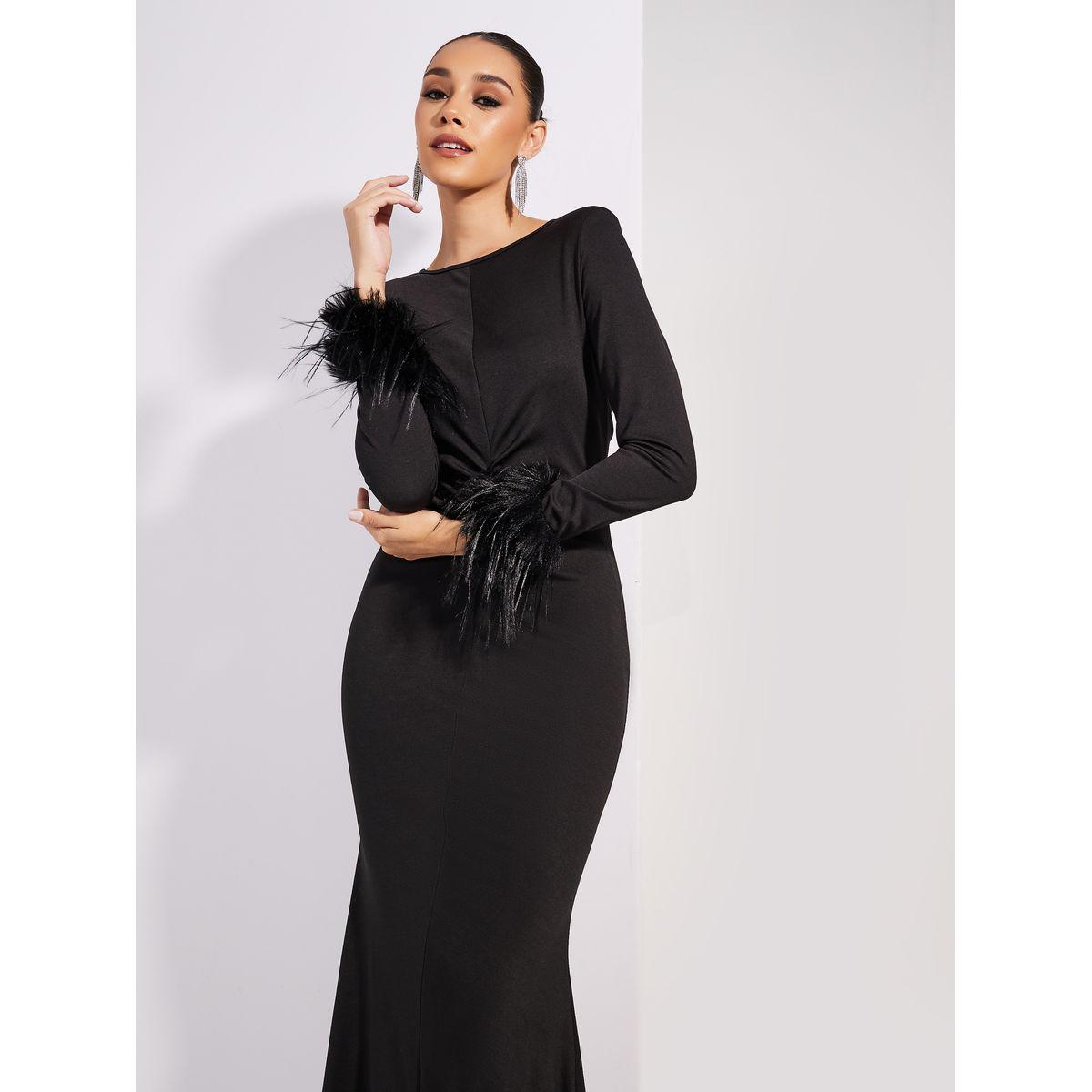 فستان ماكسي من ستيلي ليميتد المجمع من الأمام بتفصيل فرو صناعي-women-clothing-dresses-image-2