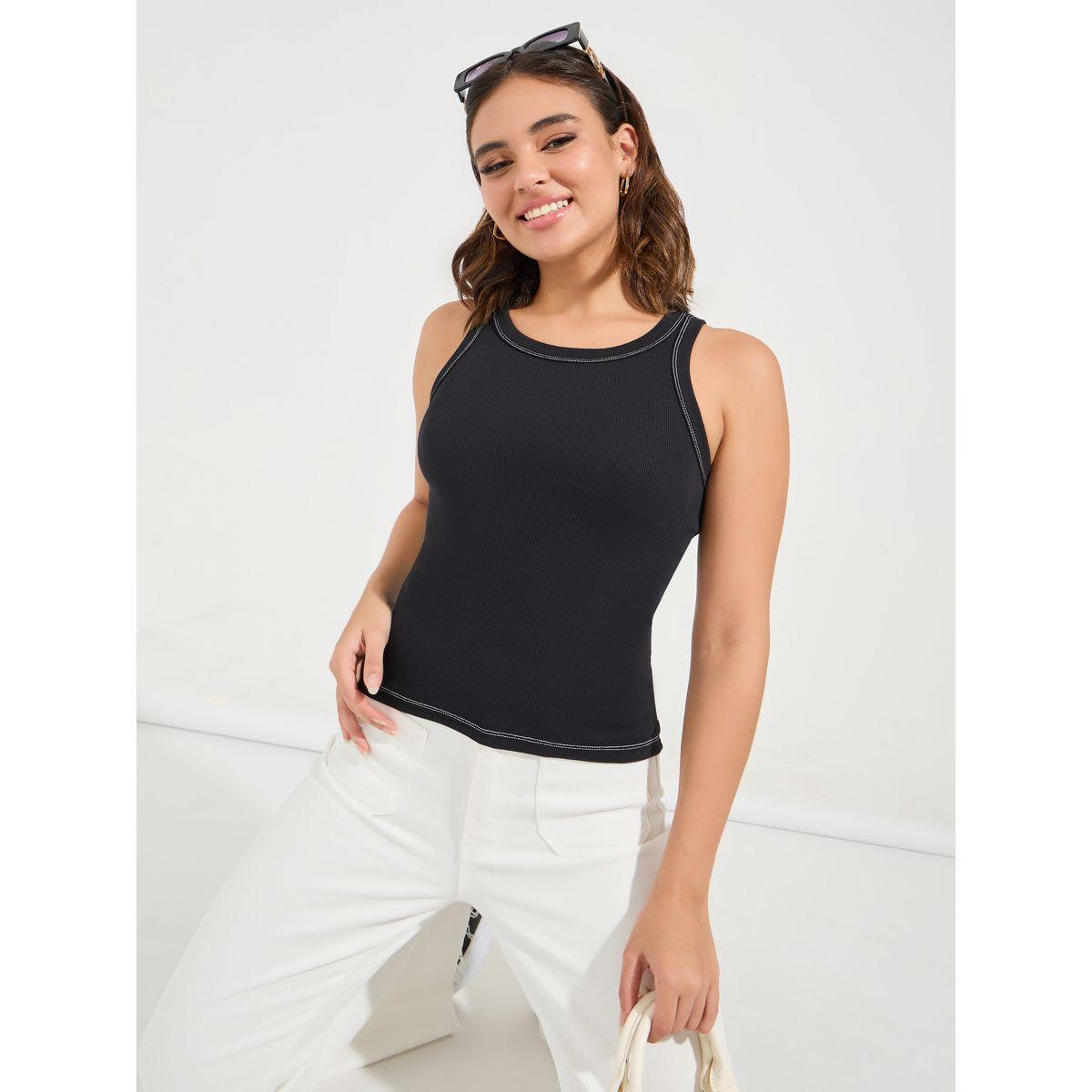 Styli Elevate Solid Round Neck Racerback Contrast Stitch Tank Top-women-clothing-tshirts-image-1