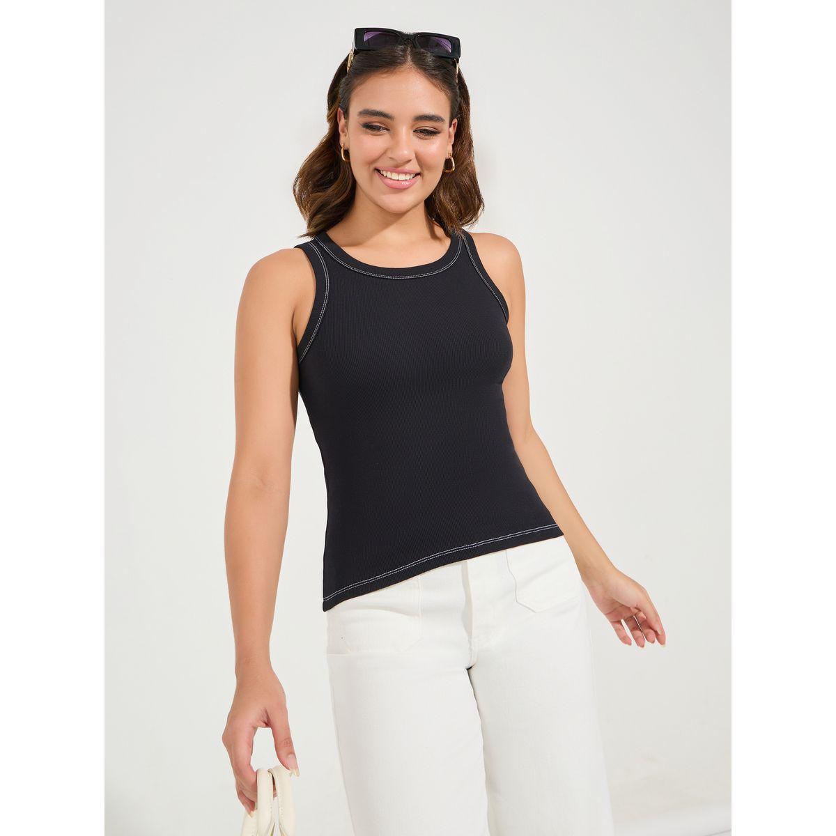 بلوزة سادة بلا كمام ونمط ريسرباك مع درزات-women-clothing-tshirts-image-3