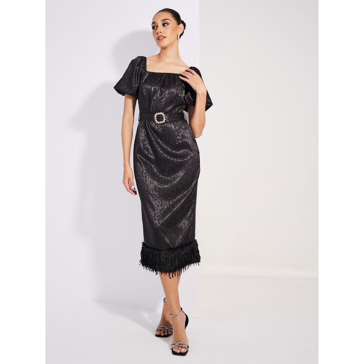 فستان ميدي من ستيلي جاكارد بتفصيل فرو صناعي بحزام-women-clothing-dresses-image-1