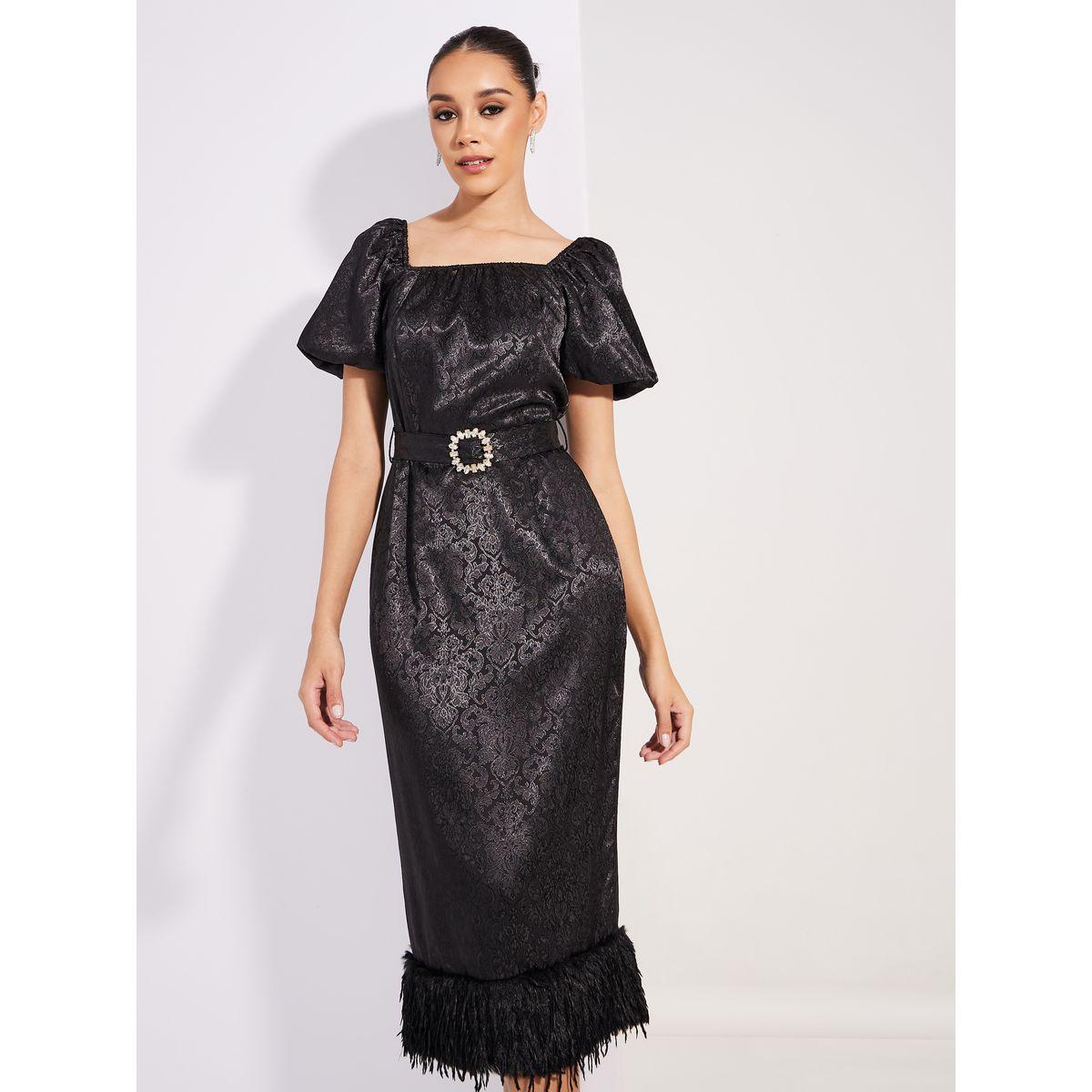 فستان ميدي من ستيلي جاكارد بتفصيل فرو صناعي بحزام-women-clothing-dresses-image-2