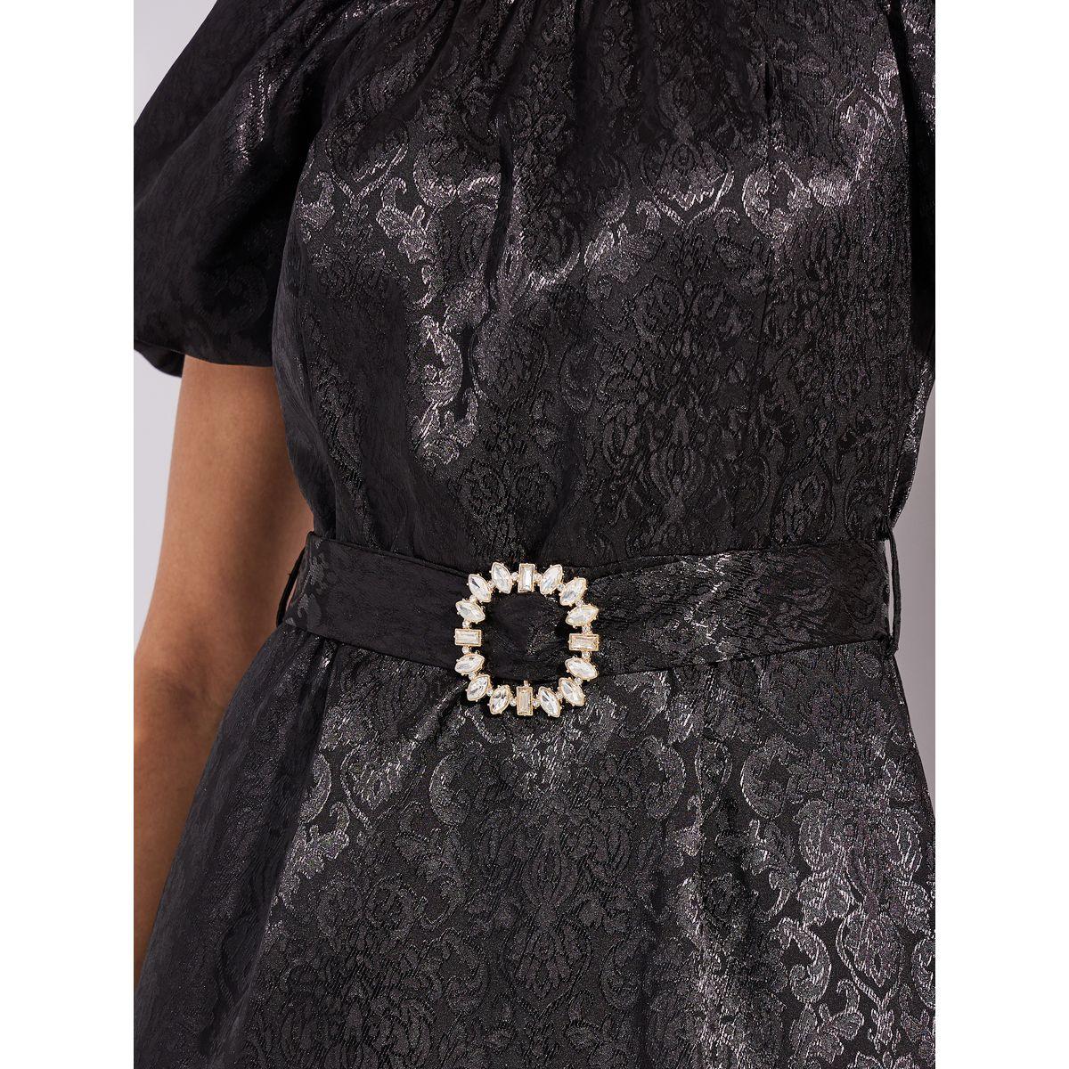 فستان ميدي من ستيلي جاكارد بتفصيل فرو صناعي بحزام-women-clothing-dresses-image-3