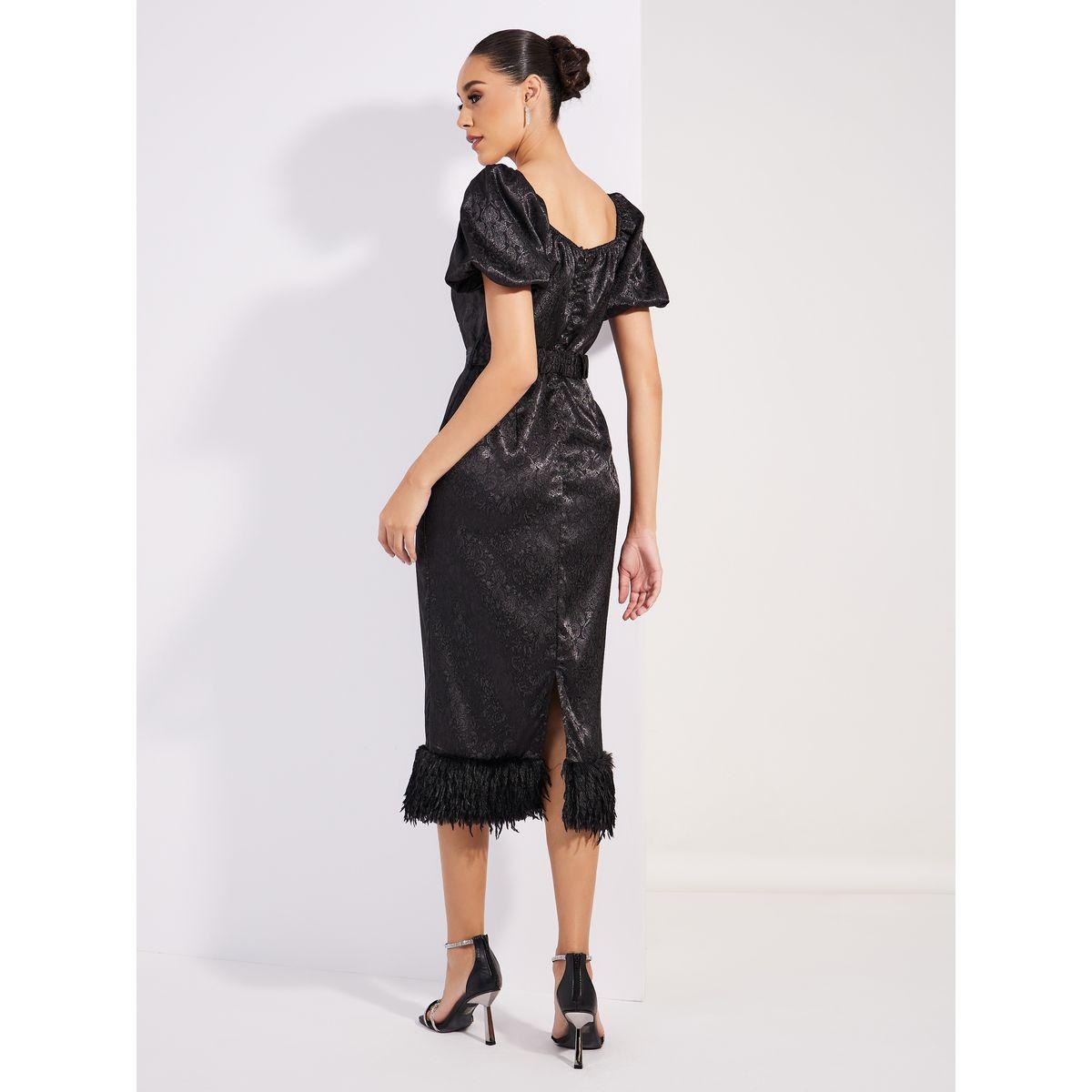 فستان ميدي من ستيلي جاكارد بتفصيل فرو صناعي بحزام-women-clothing-dresses-image-4