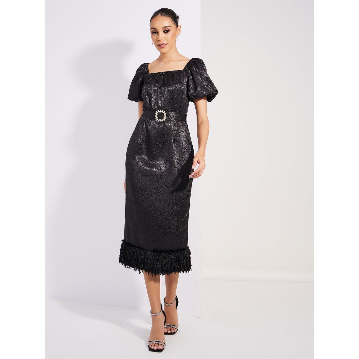 فستان ميدي من ستيلي جاكارد بتفصيل فرو صناعي بحزام-women-clothing-dresses-image-5