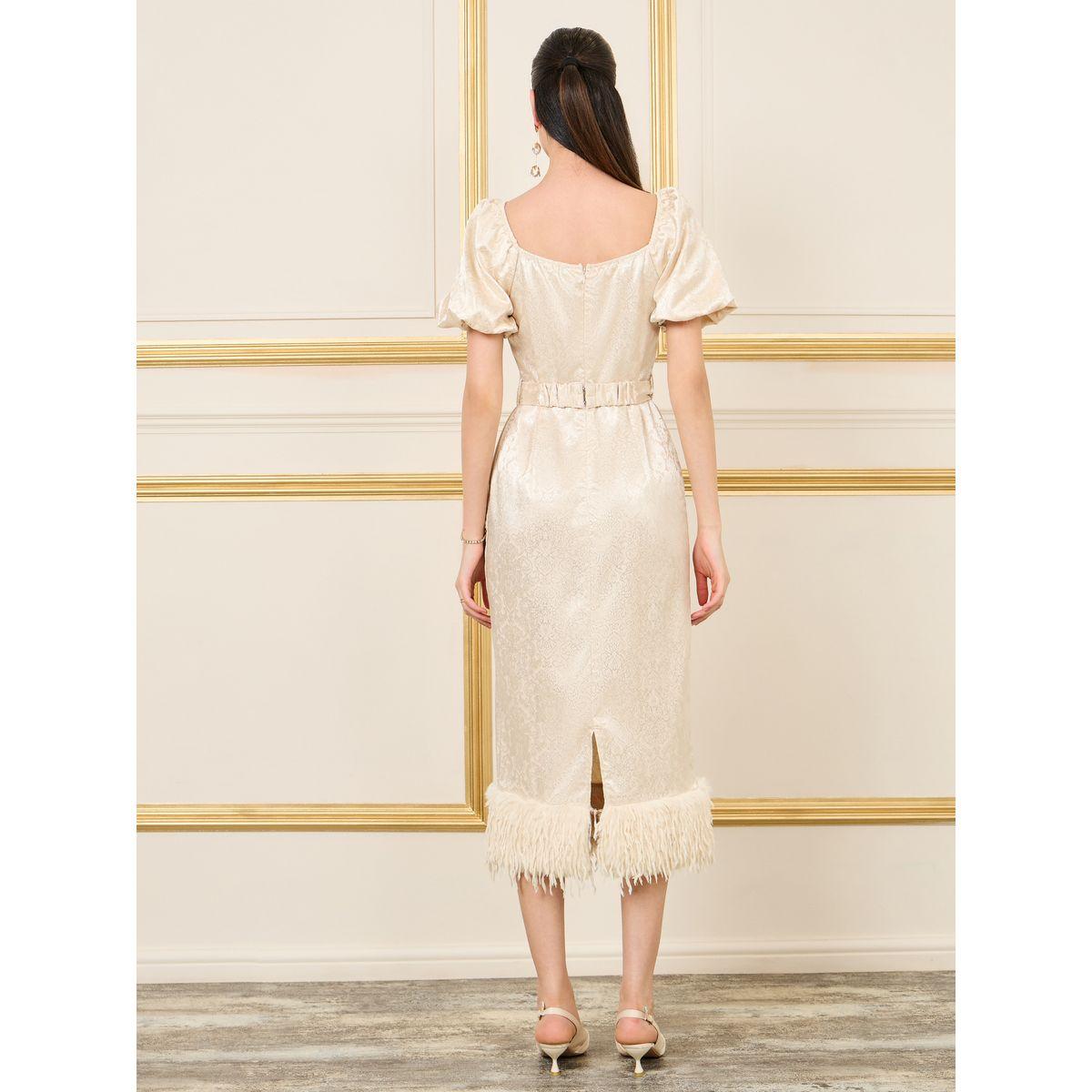 فستان ميدي بحزام خصر مع فرو صناعي-women-clothing-dresses-image-3