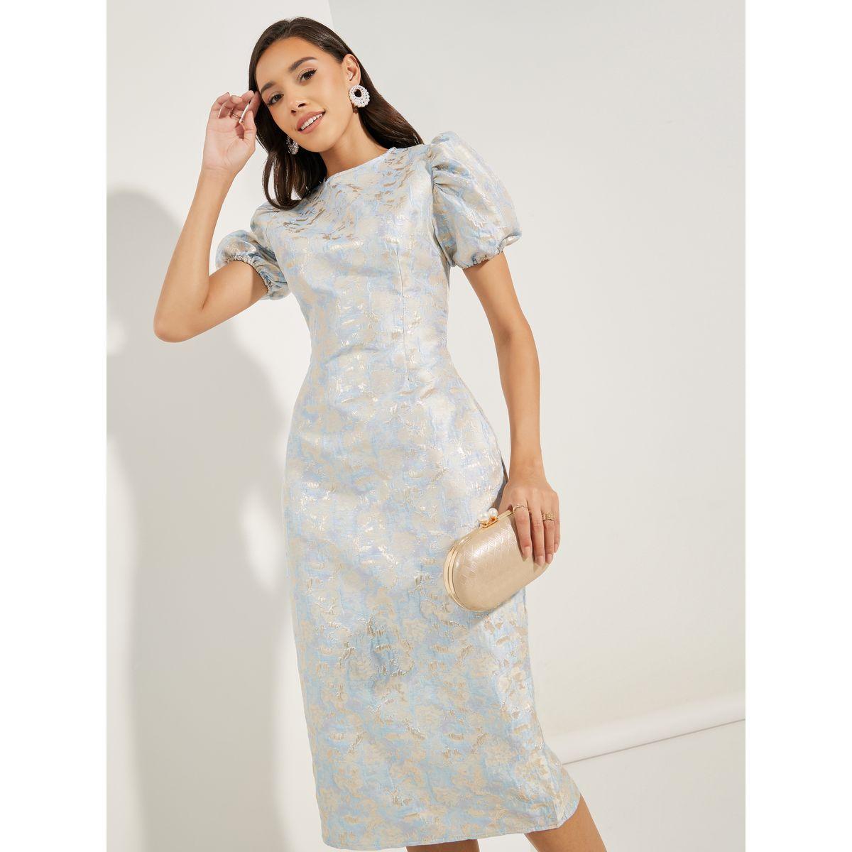 Styli Limited Jacquard Puff Sleeves Sheath Midi Dress-women-clothing-dresses-image-1
