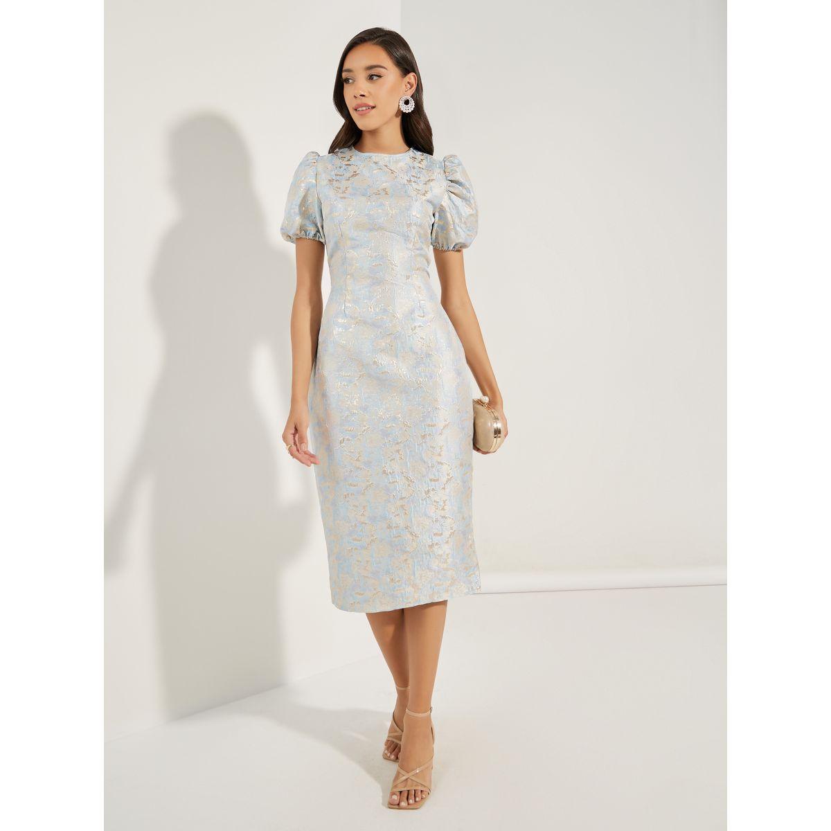 فستان ميدي بنسيج جاكار واكمام منفوخة-women-clothing-dresses-image-2