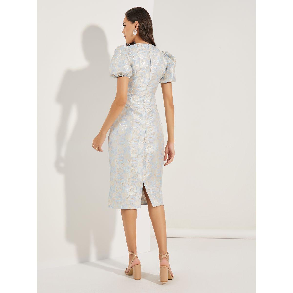 فستان ميدي بنسيج جاكار واكمام منفوخة-women-clothing-dresses-image-4