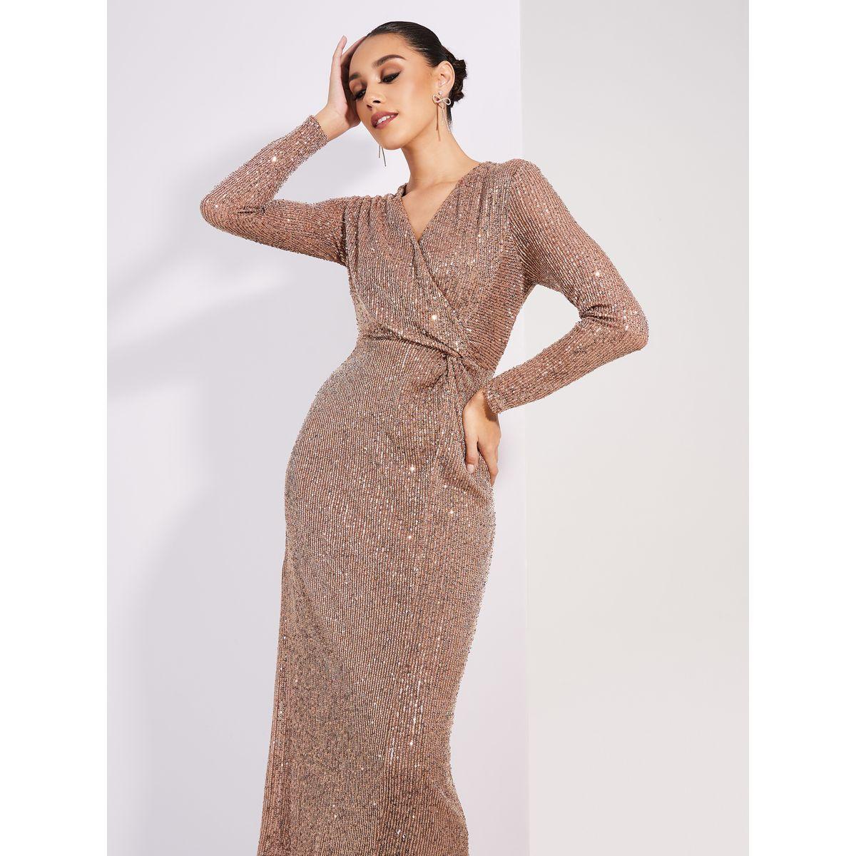 Styli Limited Twist Front Sequined V Neck Maxi Dress-women-clothing-dresses-image-2