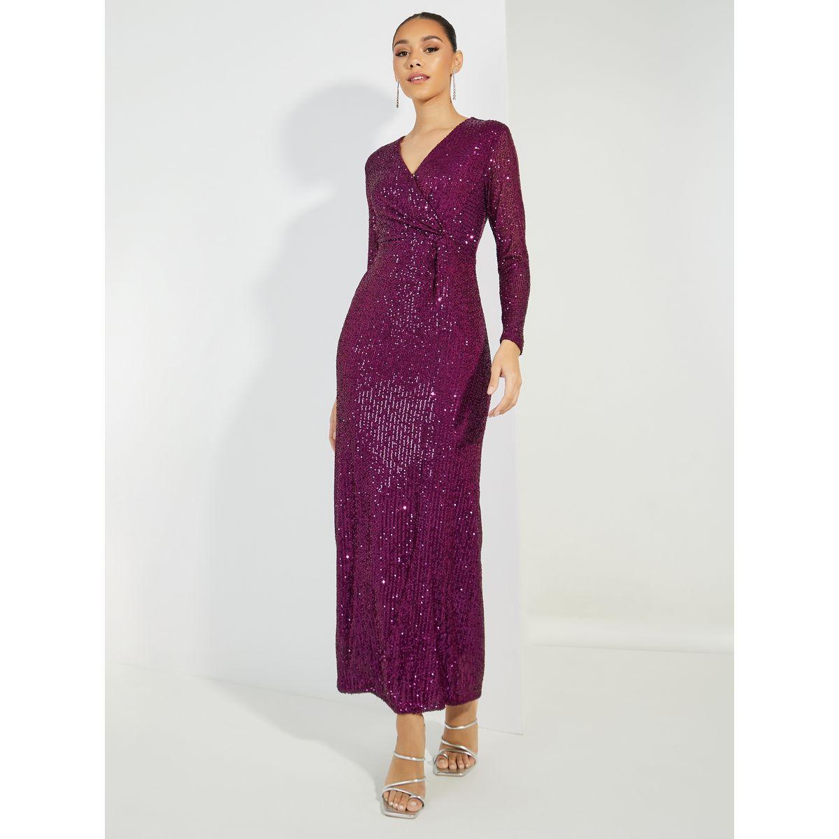 Styli Limited Twist Front Sequined V Neck Maxi Dress-women-clothing-dresses-image-1