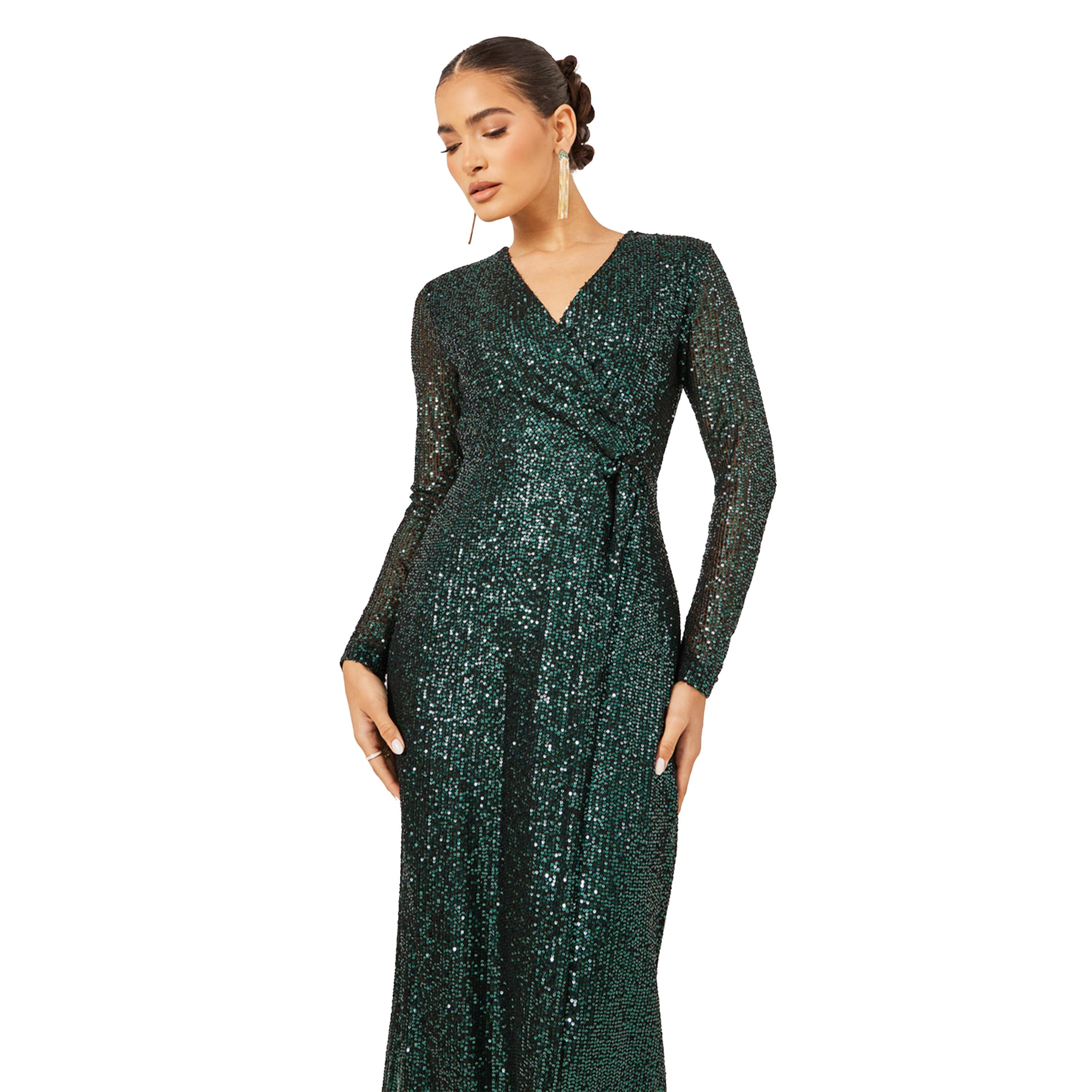 Styli Sequined Embellished V-Neck Gathered Maxi Dress-women-clothing-dresses-image-3