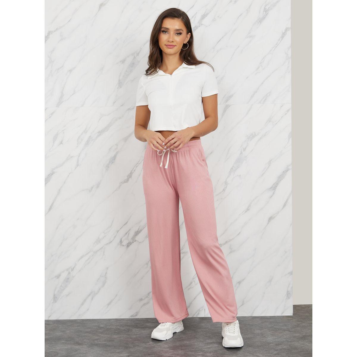 بنطال مضلع بقصة مستقيمة مع اربطة-women-clothing-bottoms-trousers-image-2