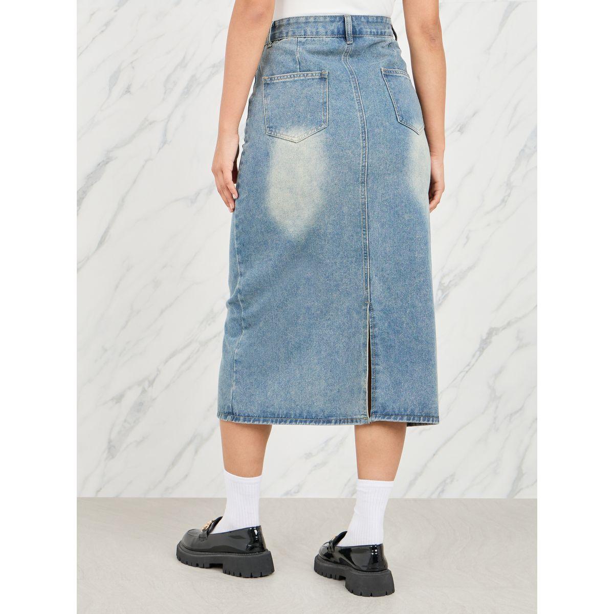 Styli Solid Straight Midi Denim Skirt with Back Slit Cut-women-clothing-bottoms-skirts-image-4