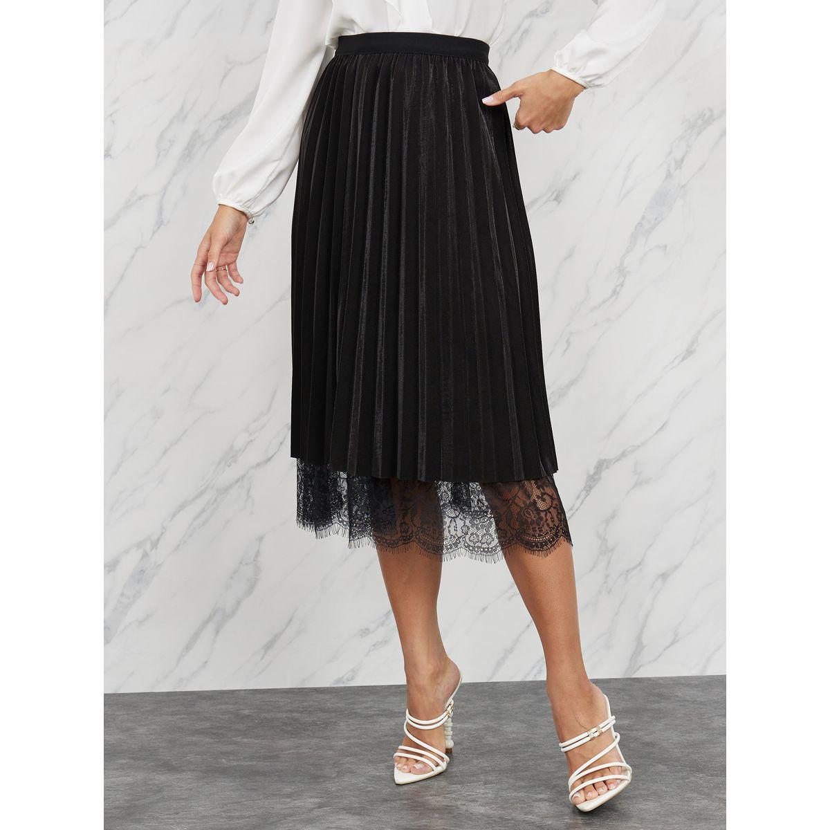 Styli Velvet Pleated Lace Hem Midi Skirt-women-clothing-bottoms-skirts-image-1