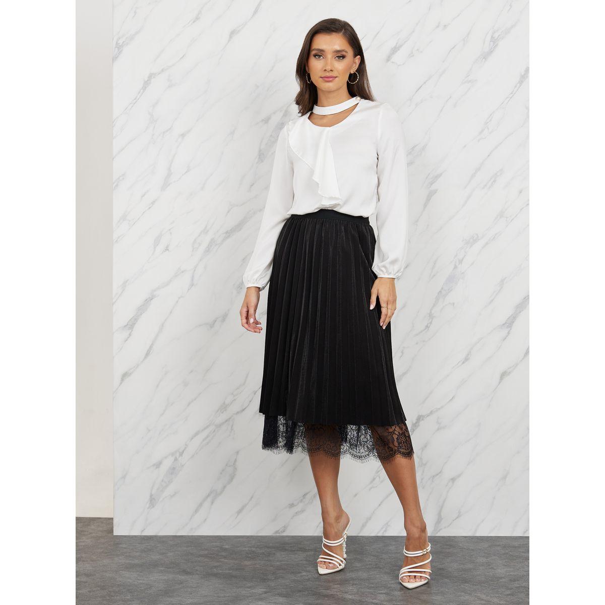 تنورة ميدي مخمل بكسرات وتفاصيل دانتيل-women-clothing-bottoms-skirts-image-2