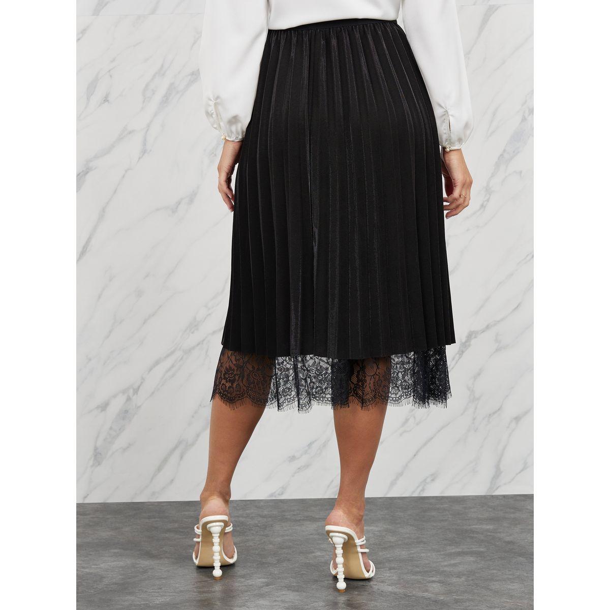 تنورة ميدي مخمل بكسرات وتفاصيل دانتيل-women-clothing-bottoms-skirts-image-4