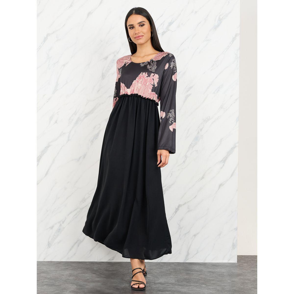 فستان طويل بطبعة زهور وكسرات-women-clothing-dresses-image-1