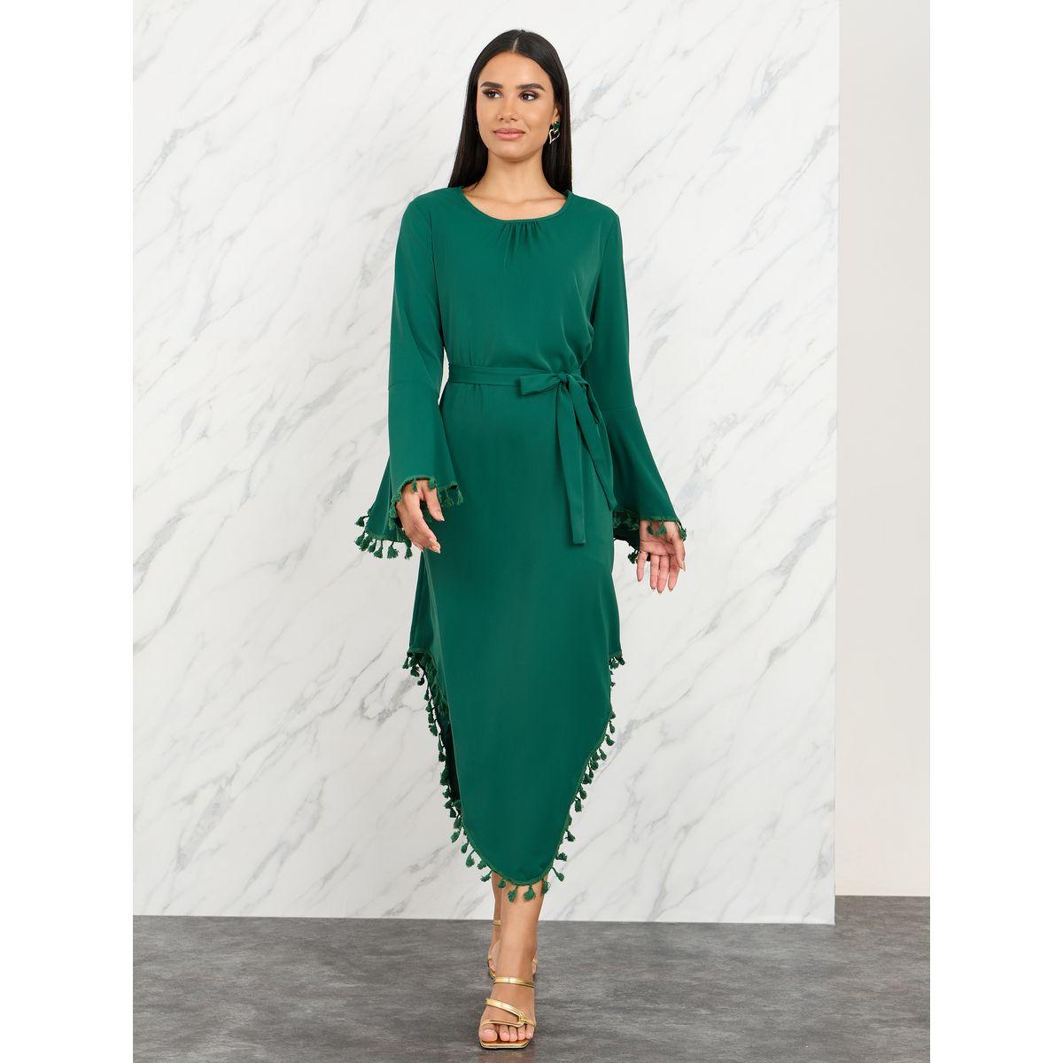 Styli Pom Pom Tassel Hem Midi Dress with Self Tie Up-women-clothing-dresses-image-1