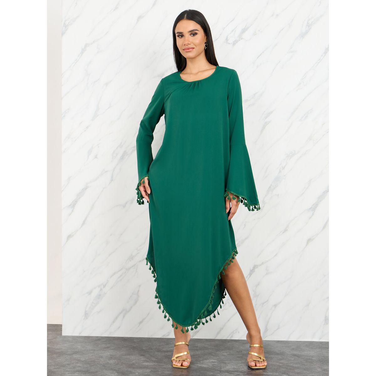 Styli Pom Pom Tassel Hem Midi Dress with Self Tie Up-women-clothing-dresses-image-2