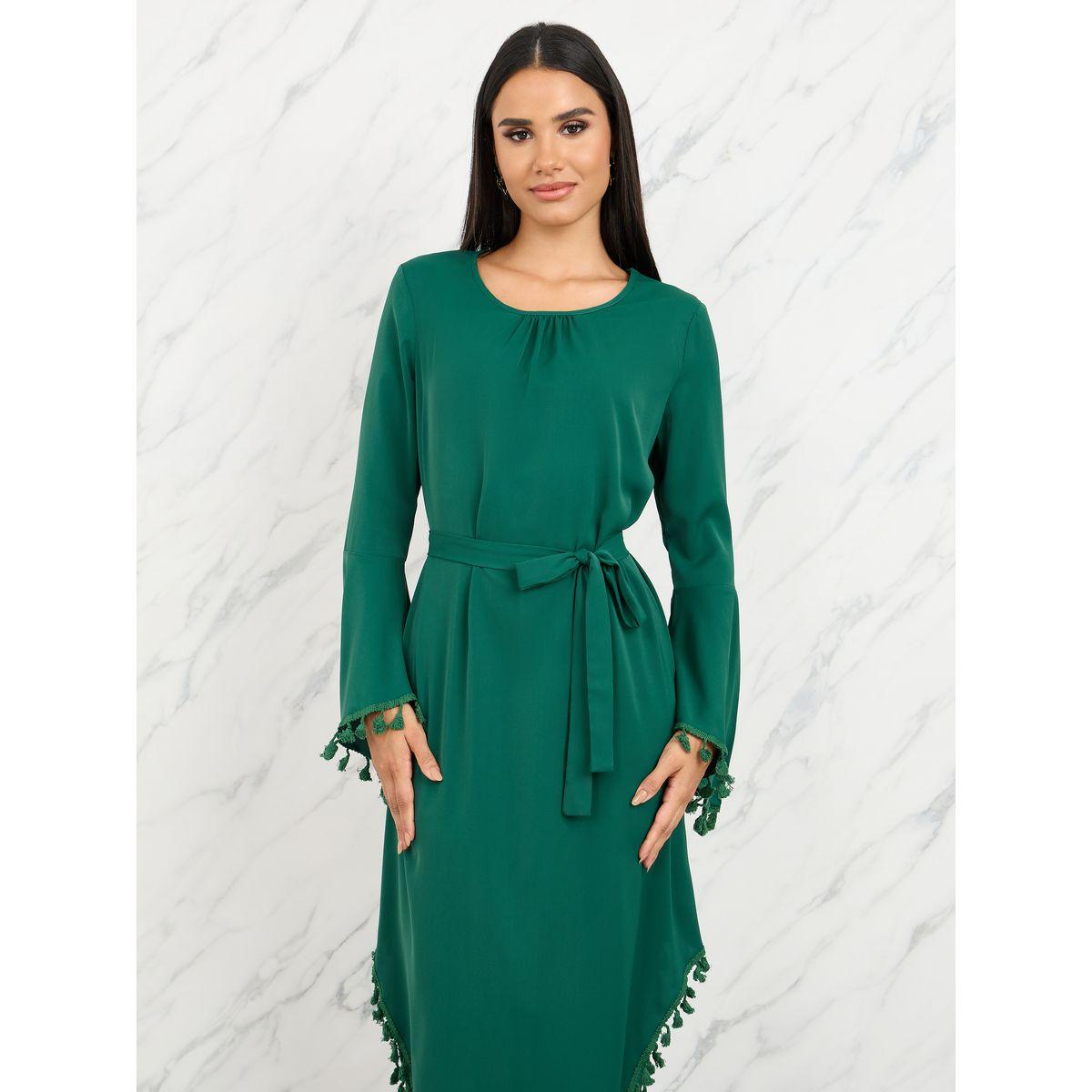 فستان ميدي مزين بالشراشيب مع رباط خصر-women-clothing-dresses-image-3
