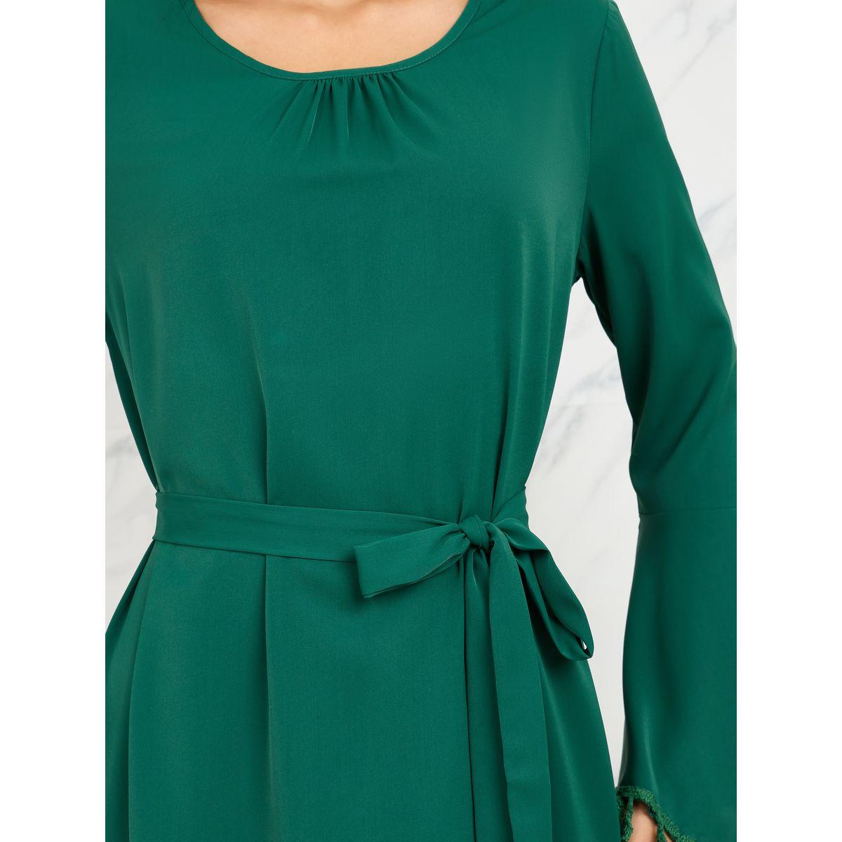 Styli Pom Pom Tassel Hem Midi Dress with Self Tie Up-women-clothing-dresses-image-4
