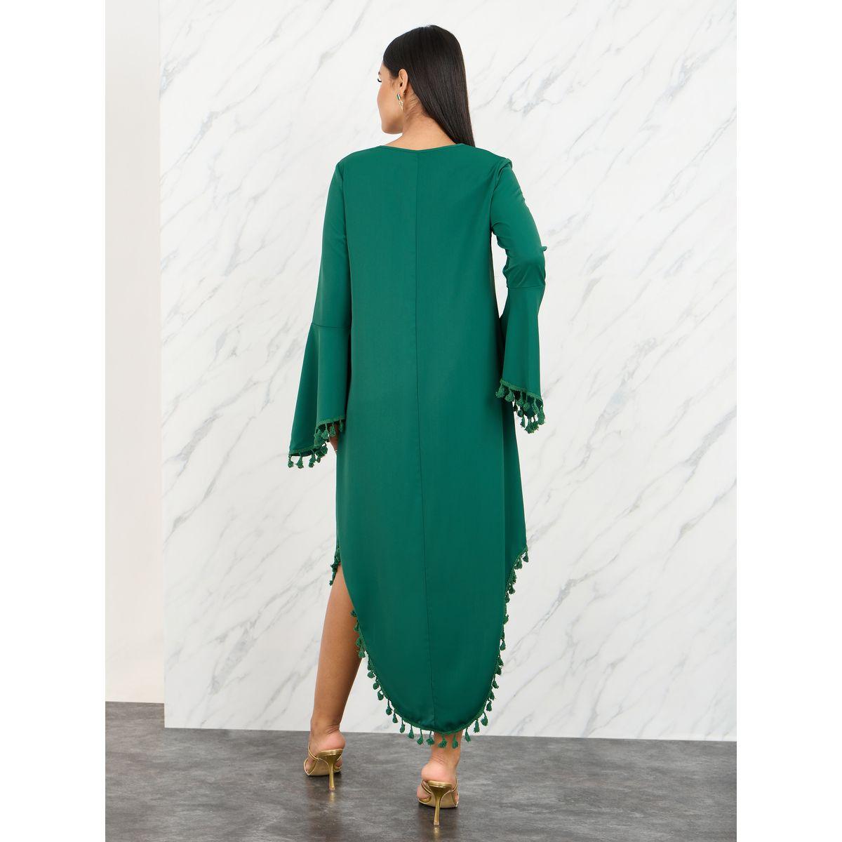 Styli Pom Pom Tassel Hem Midi Dress with Self Tie Up-women-clothing-dresses-image-5
