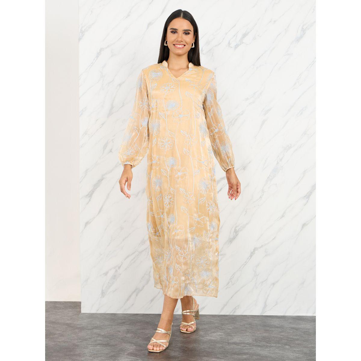 فستان ميدي مُطرّز بزهور مع ياقة بشق-women-clothing-dresses-image-1