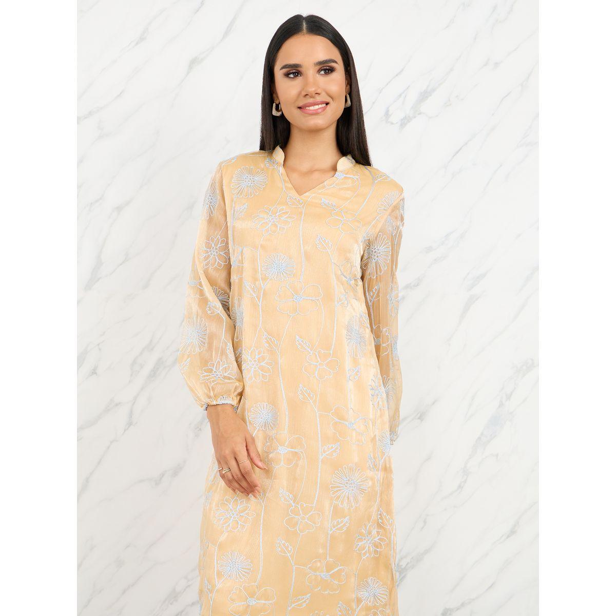 فستان ميدي مُطرّز بزهور مع ياقة بشق-women-clothing-dresses-image-2