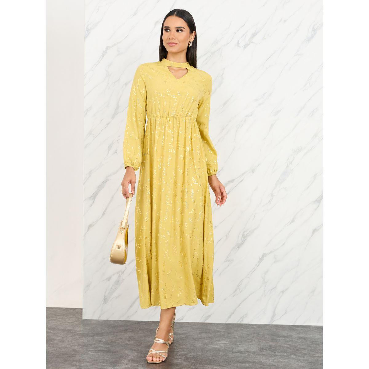 فستان طويل بطبعة فويل مع ياقة بشق-women-clothing-dresses-image-1