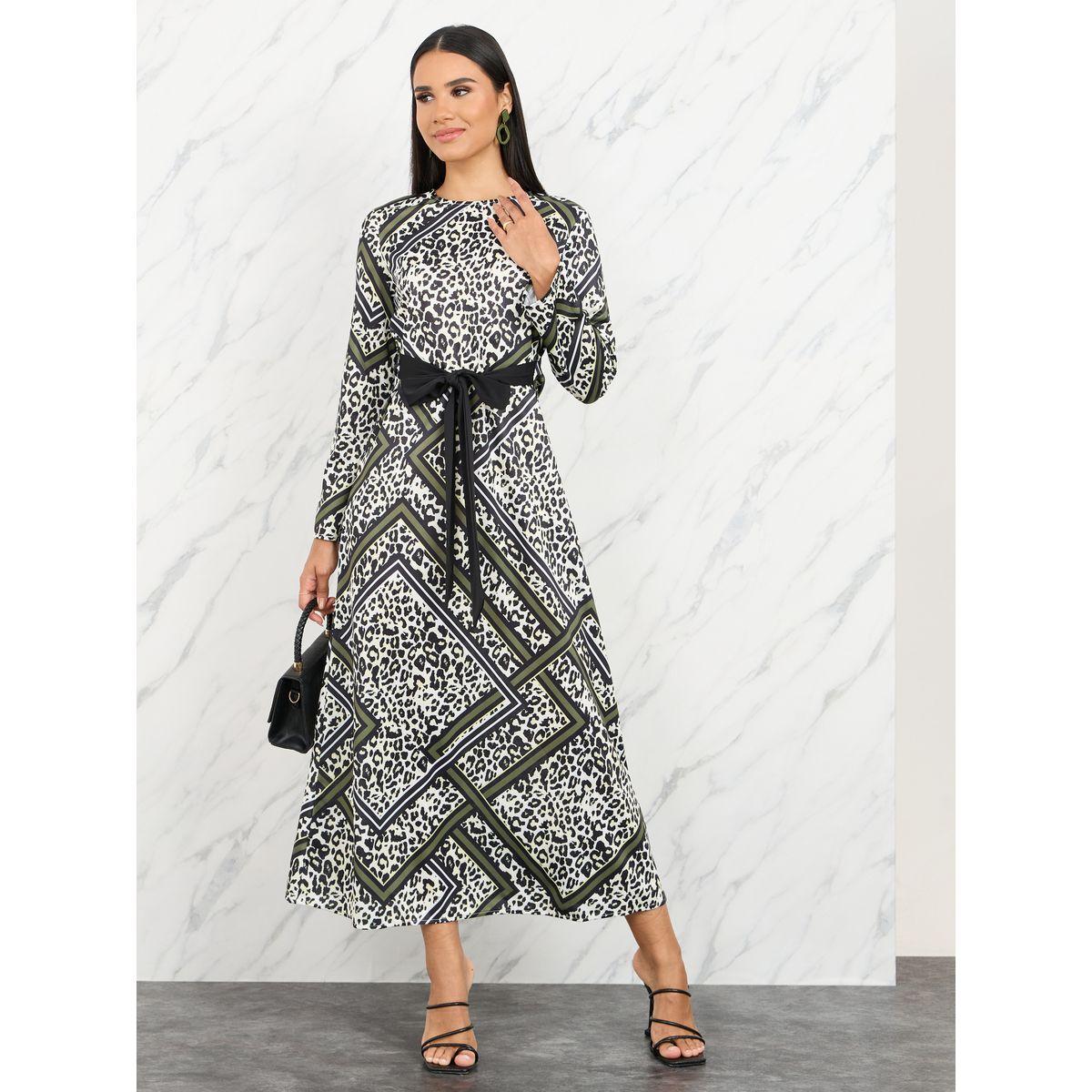 Styli Satin All Over Print A-Line Maxi Dress with Self Tie Up-women-clothing-dresses-image-1
