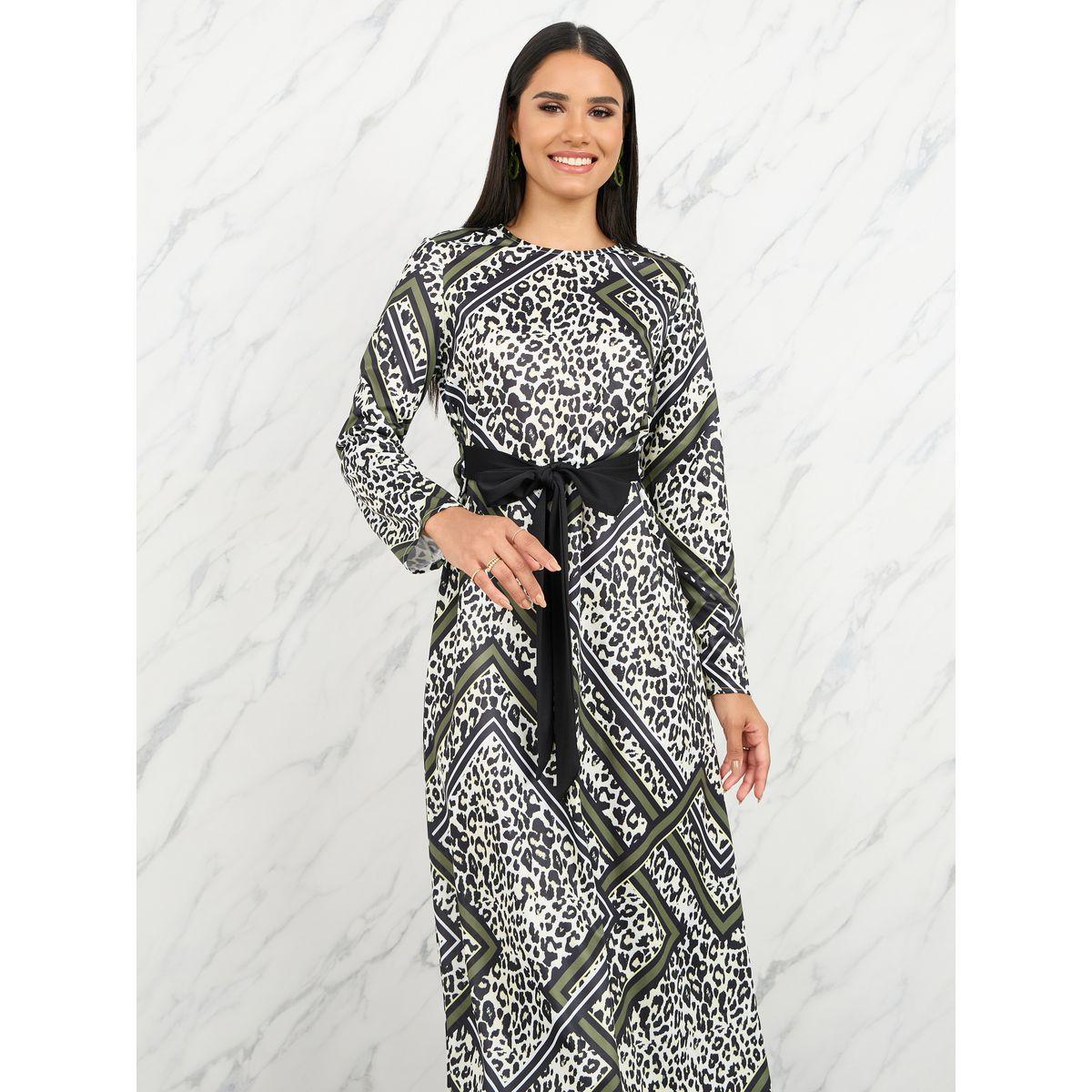 Styli Satin All Over Print A-Line Maxi Dress with Self Tie Up-women-clothing-dresses-image-2