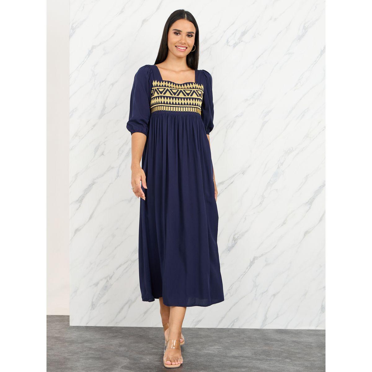 فستان ميدي بتفاصيل مُطرّزة وكسرات-women-clothing-dresses-image-1