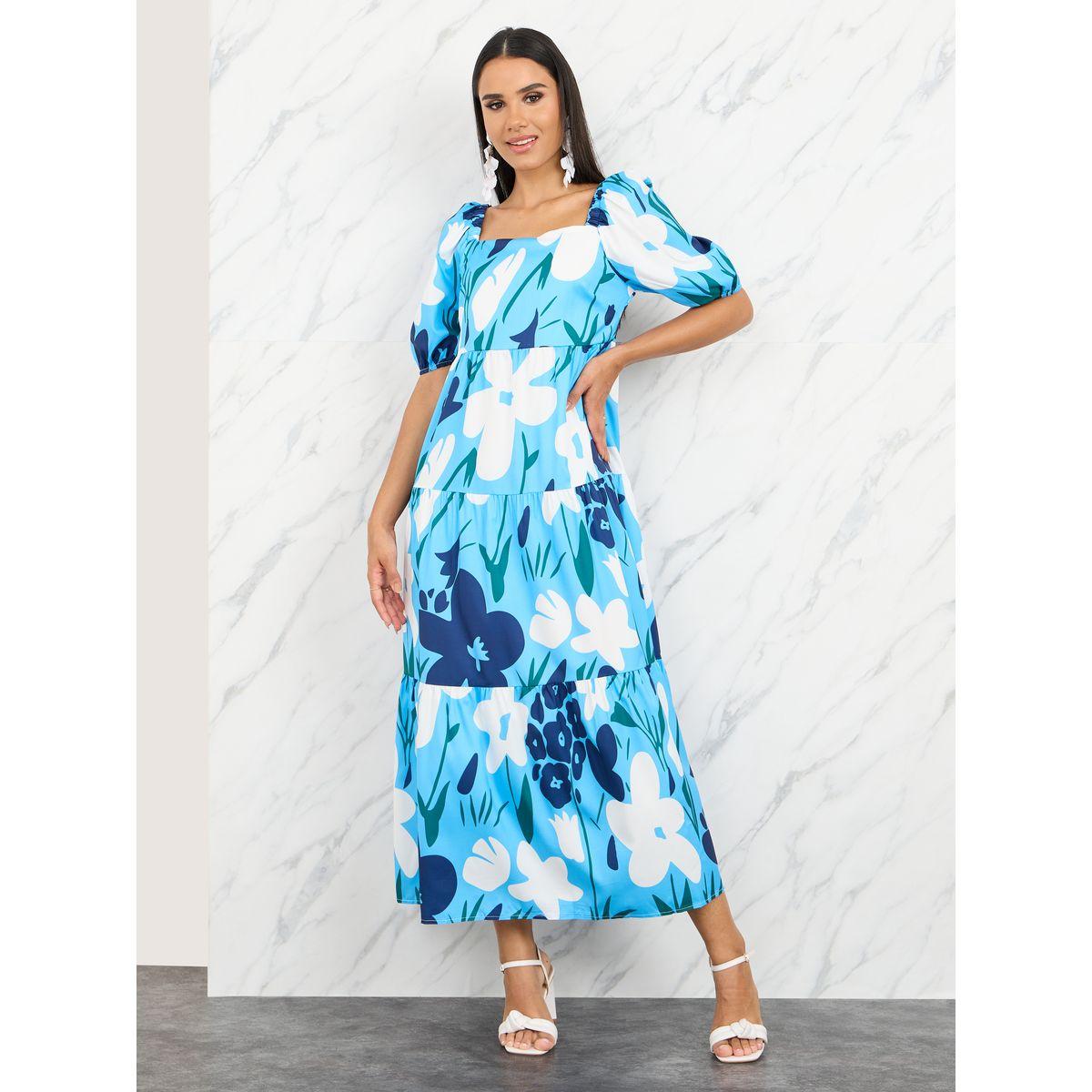 Styli Floral Print Square Neck Puff Sleeve Midi Dress-women-clothing-dresses-image-1